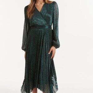EVERNEW | LIKE NEW | Wrap Pilesse Midi Dress - Dark Green Metallic | Size 12